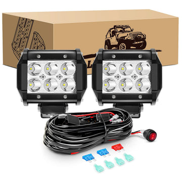 2 Pcs 18W Spot LED Pods with 16AWG 3Pin Wiring Harness-2 Leads